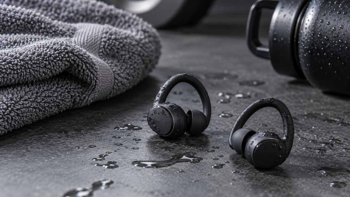 Unbranded waterproof Bluetooth earphones beside water droplets and a charging case