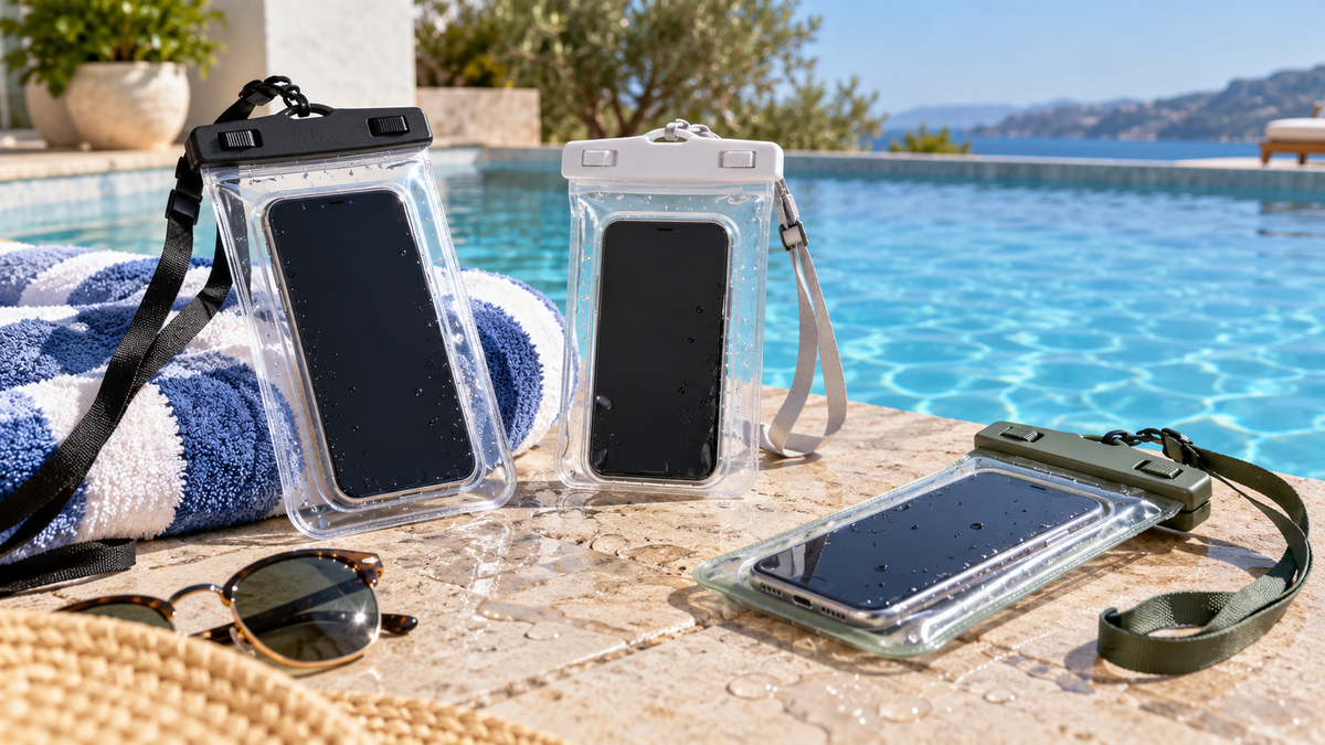 Transparent waterproof phone pouches with secure closures beside poolside accessories