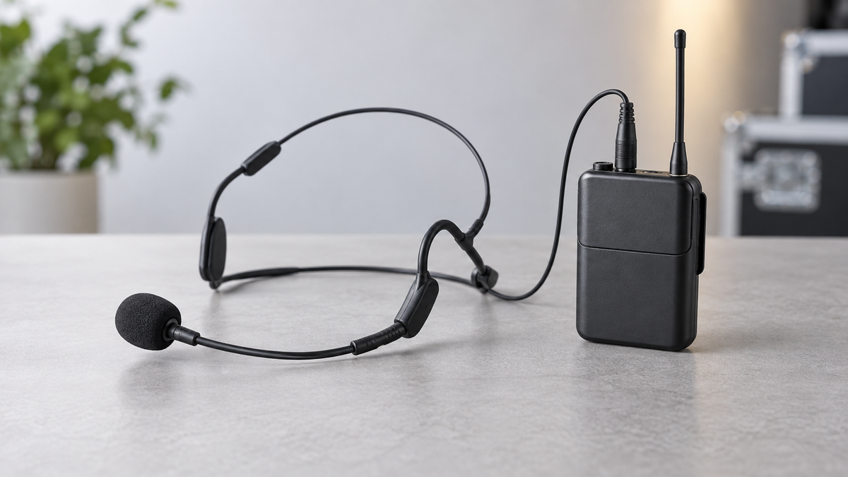 Unbranded wearable wireless microphone with headset and compact bodypack on a neutral surface
