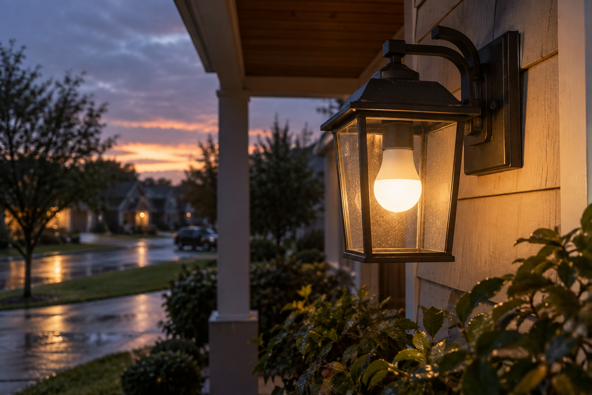 Unbranded weatherproof smart bulb in an outdoor porch fixture on a rainy evening