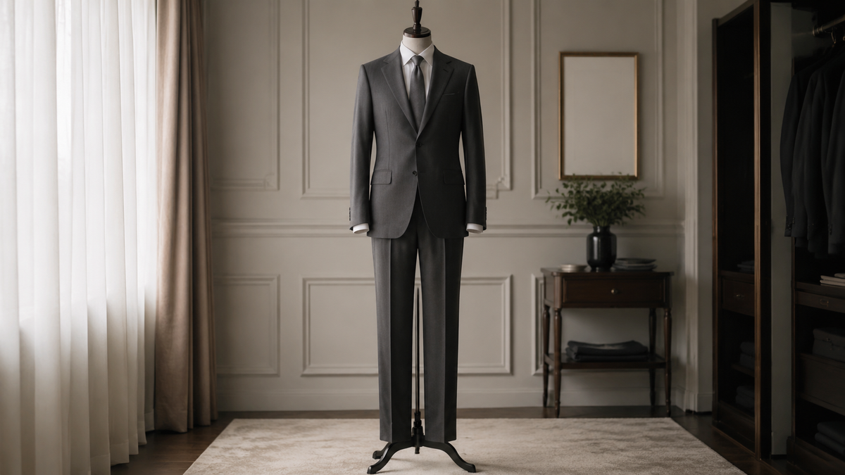 Men's wedding suit displayed in an elegant fitting room