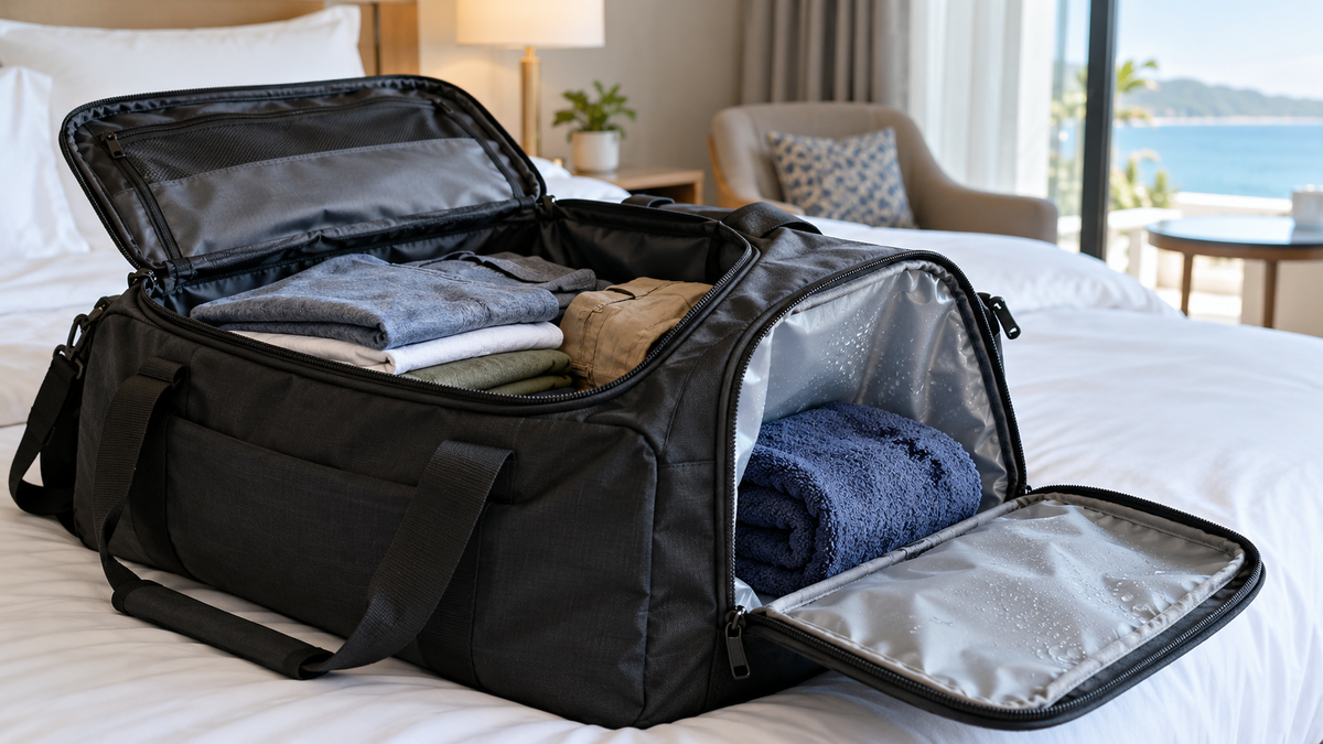 Travel bag showing separate compartments for dry clothing and a damp towel