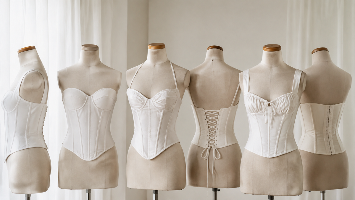 White unbranded corset tops showing different structures and strap designs
