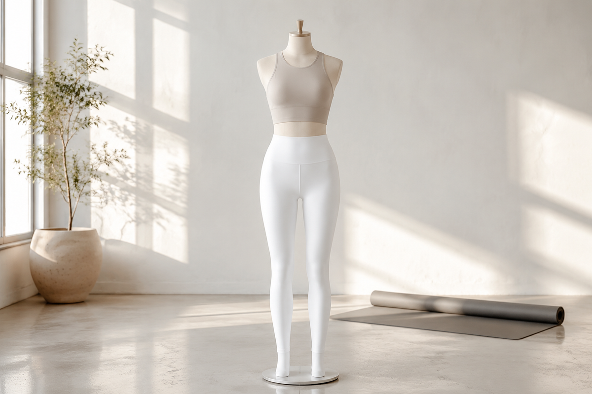 White leggings with a neutral athletic top in a sunlit studio