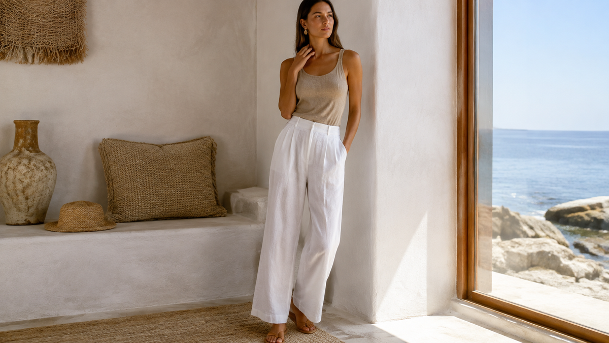 White linen pants styled in a bright coastal interior