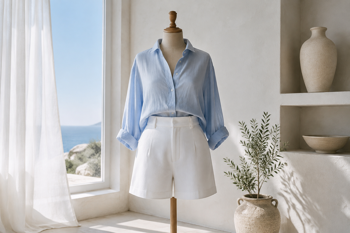 White shorts with a pale blue shirt on a dress form in a bright summer studio