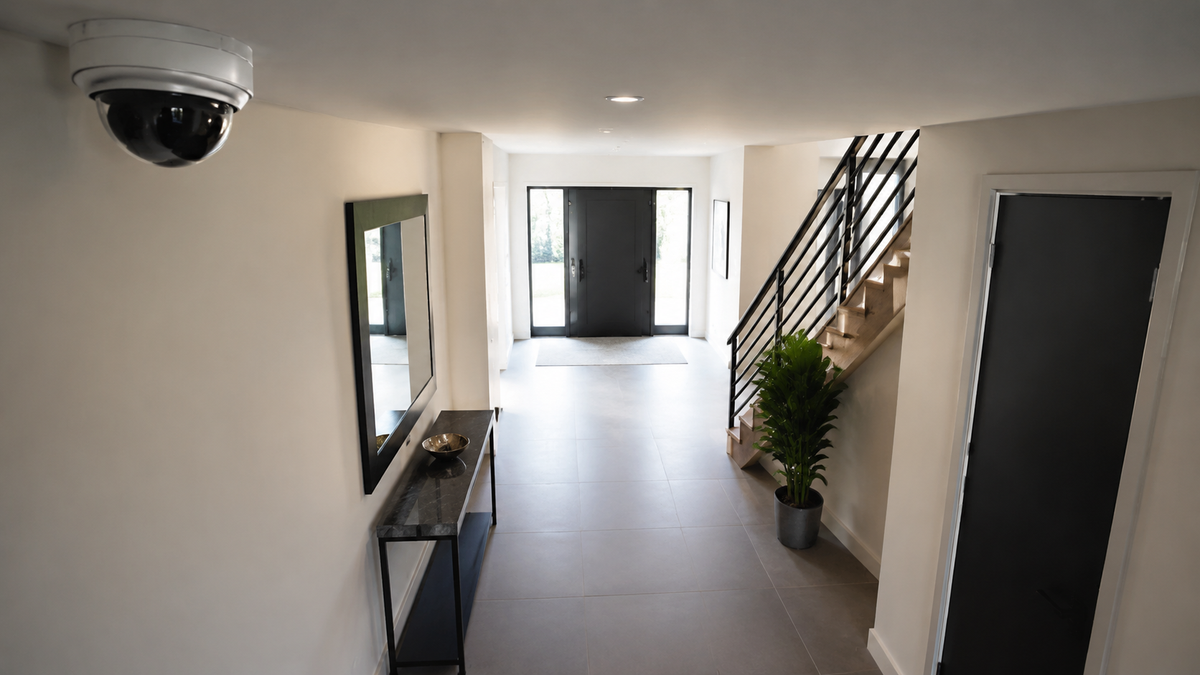 Wide angle security camera overlooking a modern entryway