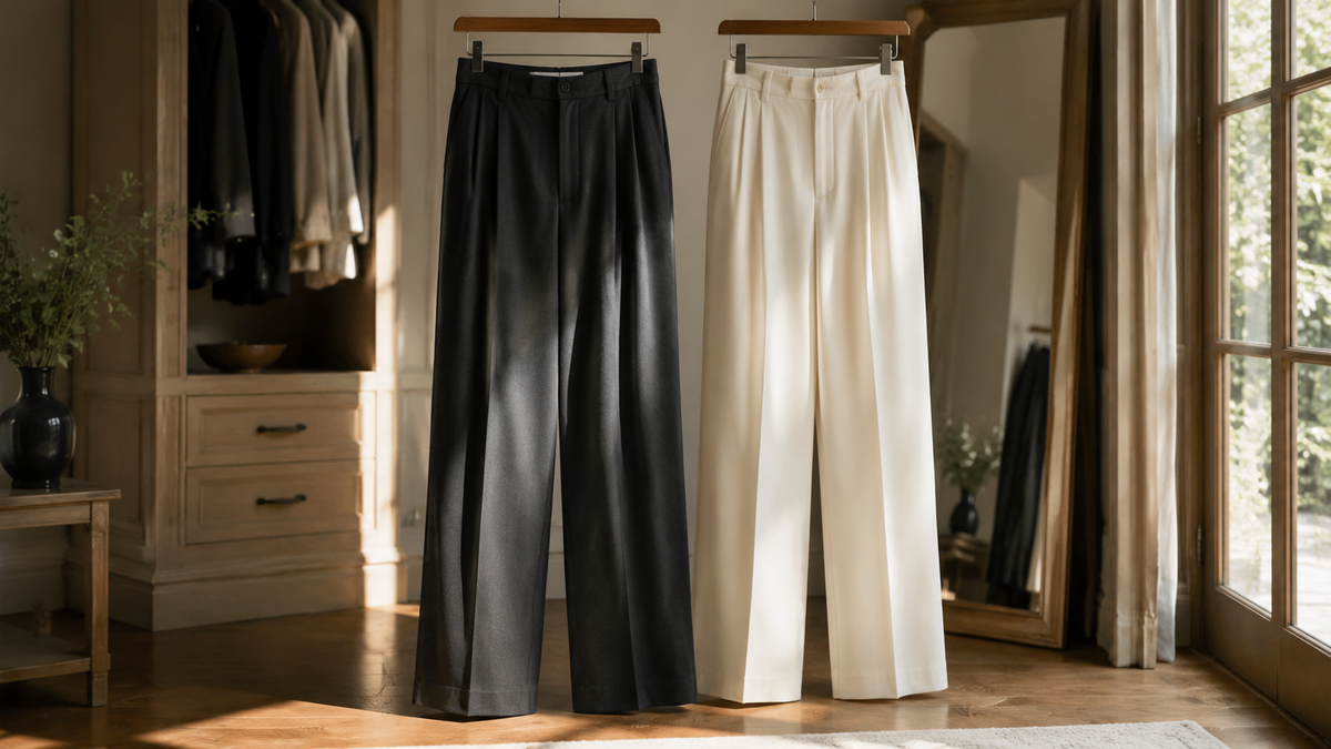 Black and cream wide-leg pants displayed in a naturally lit wardrobe