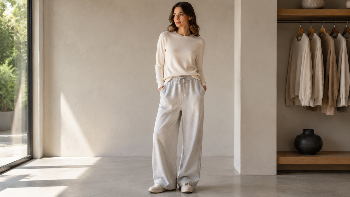 Wide leg sweatpants styled with a simple knit top in a minimal room