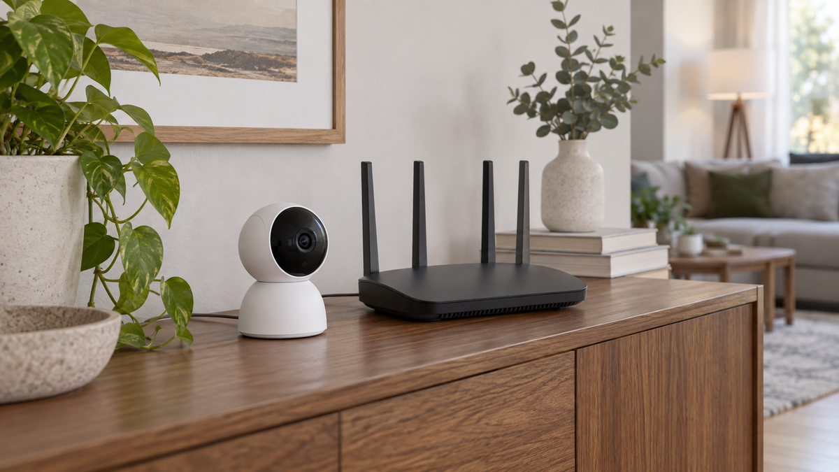 Unbranded WiFi 6 security camera visibly installed near a modern wireless router