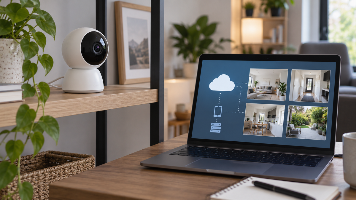 WiFi security camera with cloud storage concept in a modern home