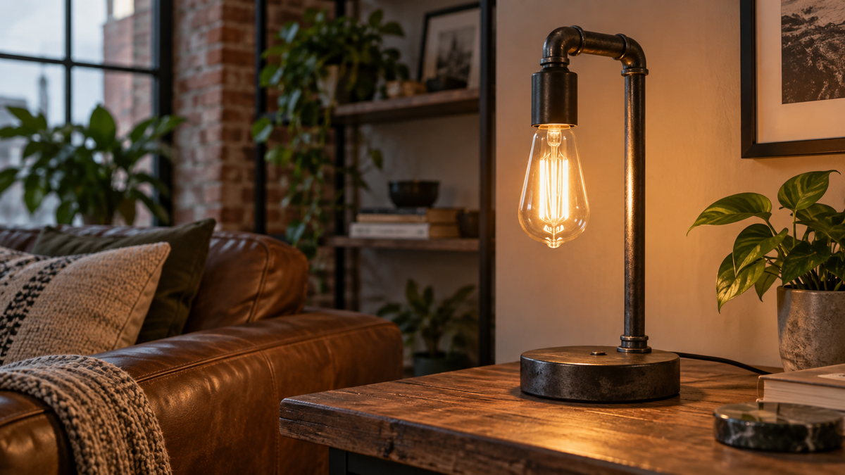 Smart WiFi Edison bulb glowing in an industrial-style lamp