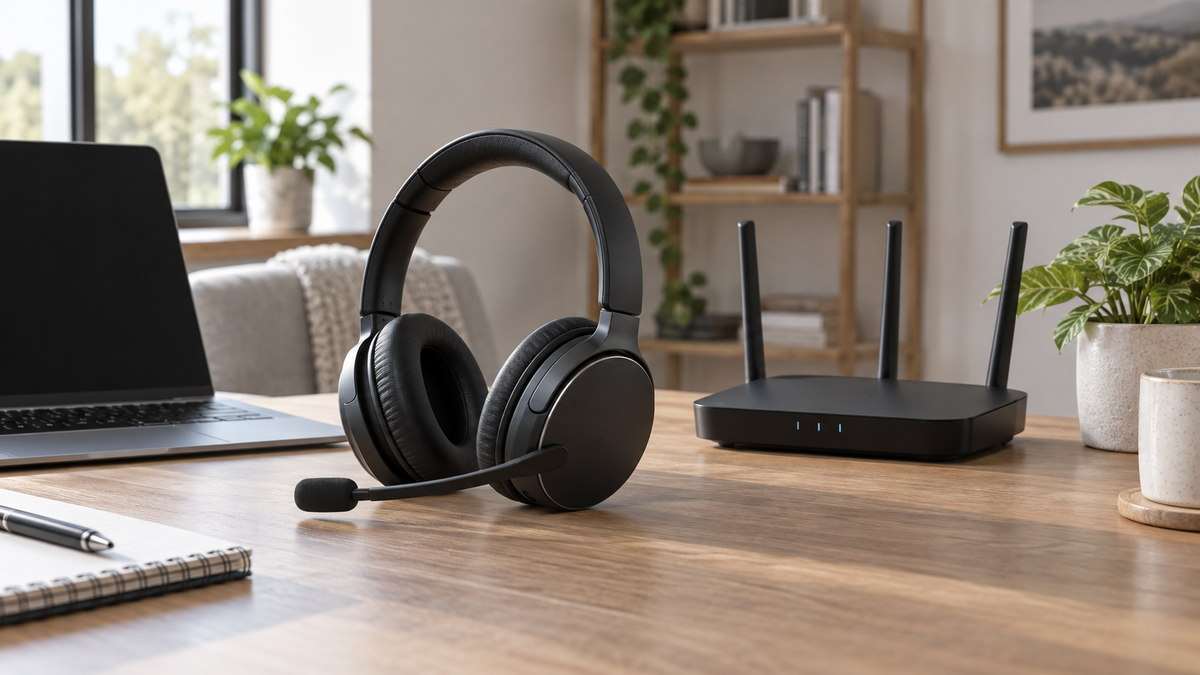 Unbranded wireless headset with boom microphone beside a generic WiFi router in a tidy workspace