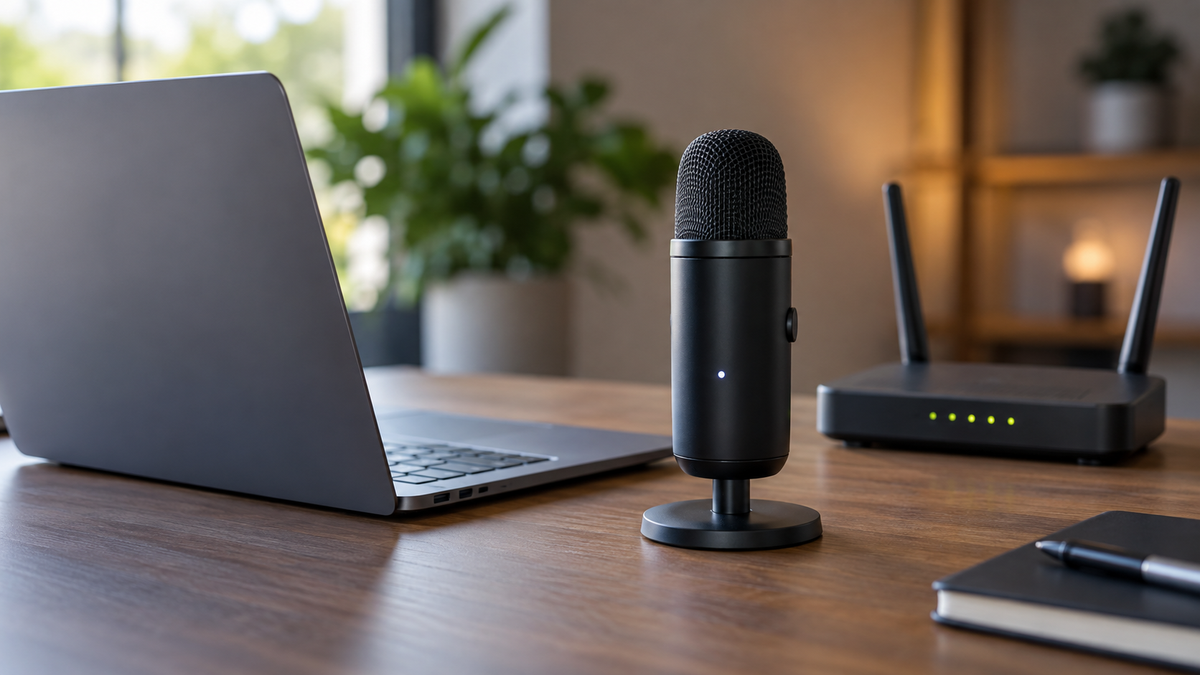 WiFi microphone beside a laptop and wireless router