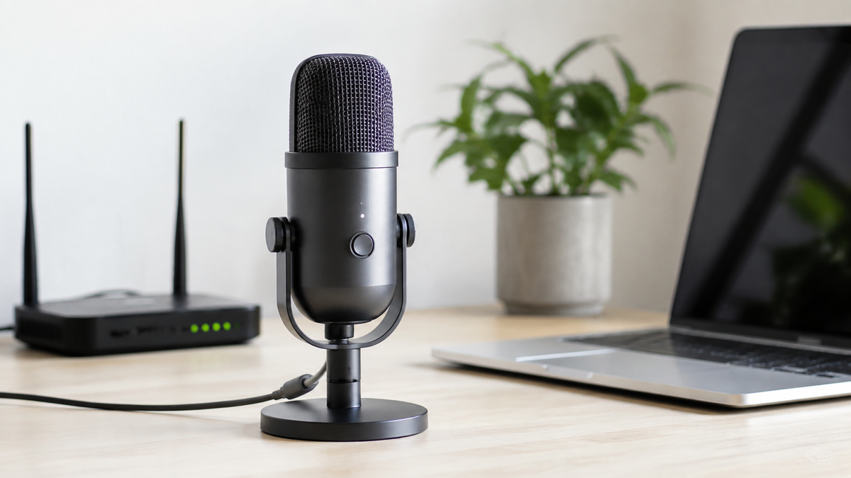 Generic WiFi microphone beside a router and laptop
