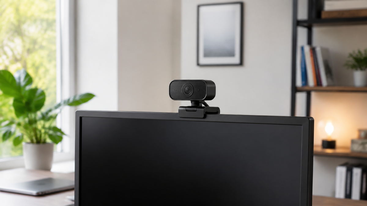 Unbranded WiFi webcam mounted on a home office monitor