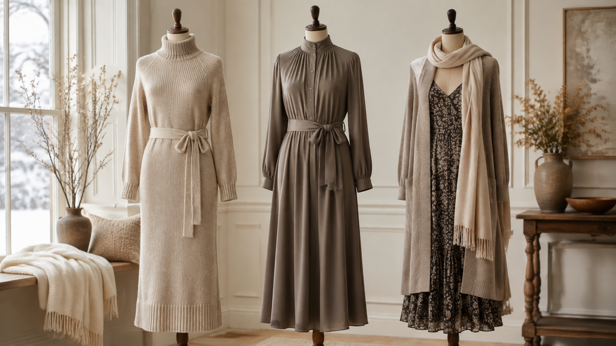 Three winter dresses with knit and layered textures on dress forms