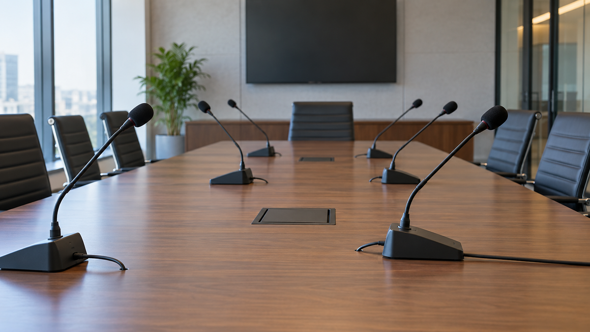 Unbranded wired conference microphones arranged around a modern meeting table