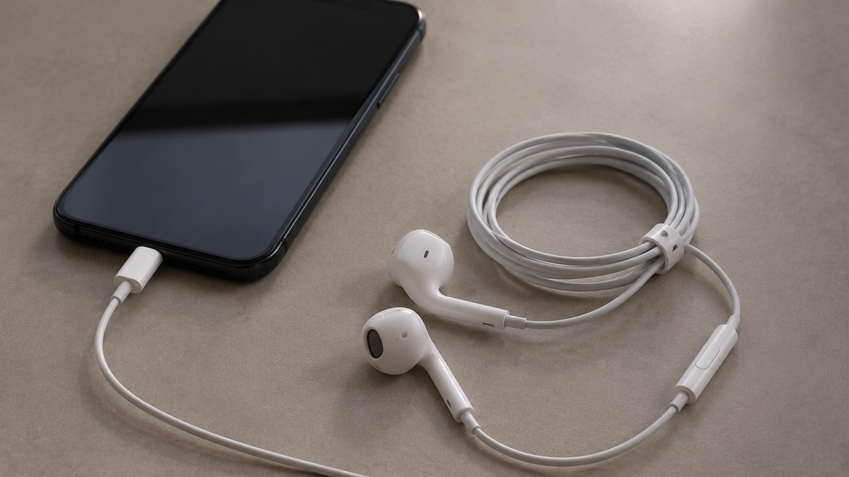 Generic wired earbuds arranged beside a phone with a blank screen