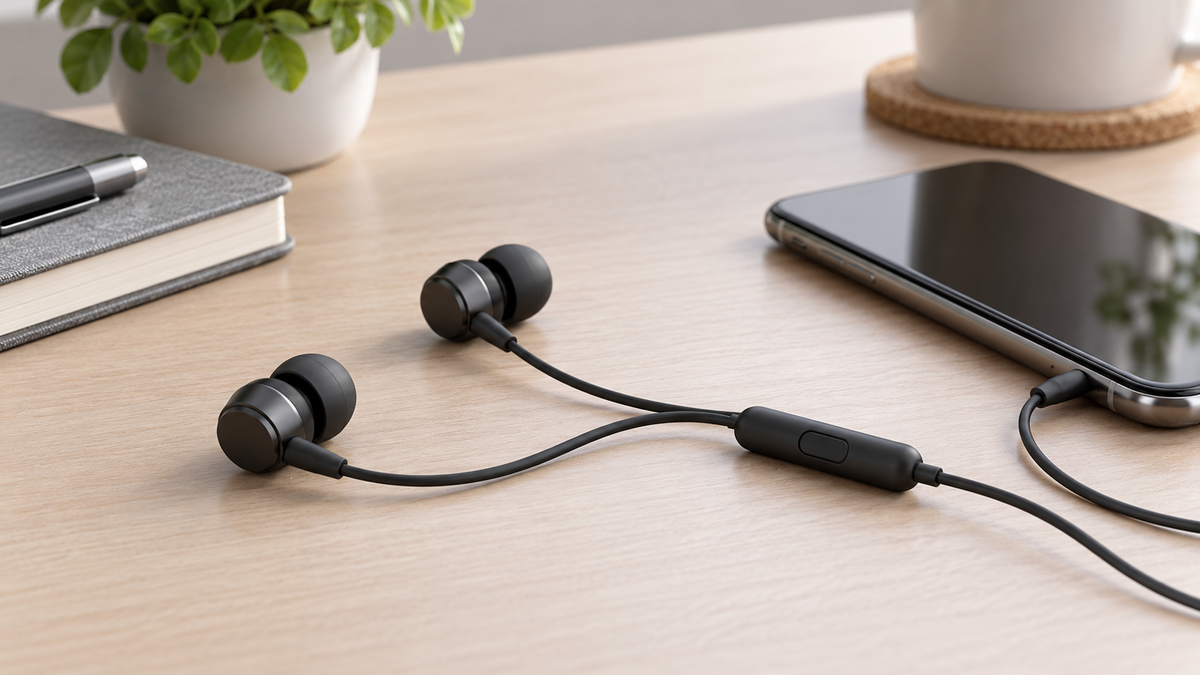 Wired in-ear headphones with inline microphone beside a phone