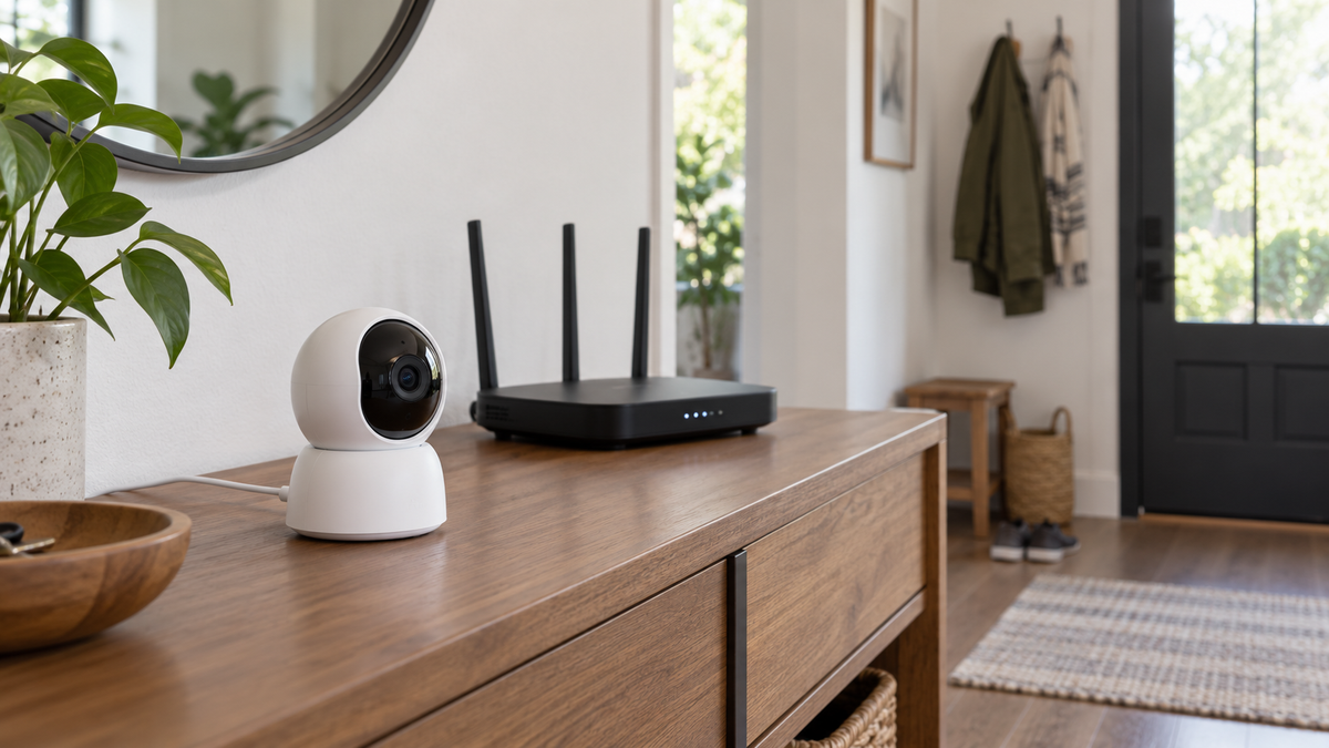 Visible unbranded wired WiFi security camera with power cable beside a home router