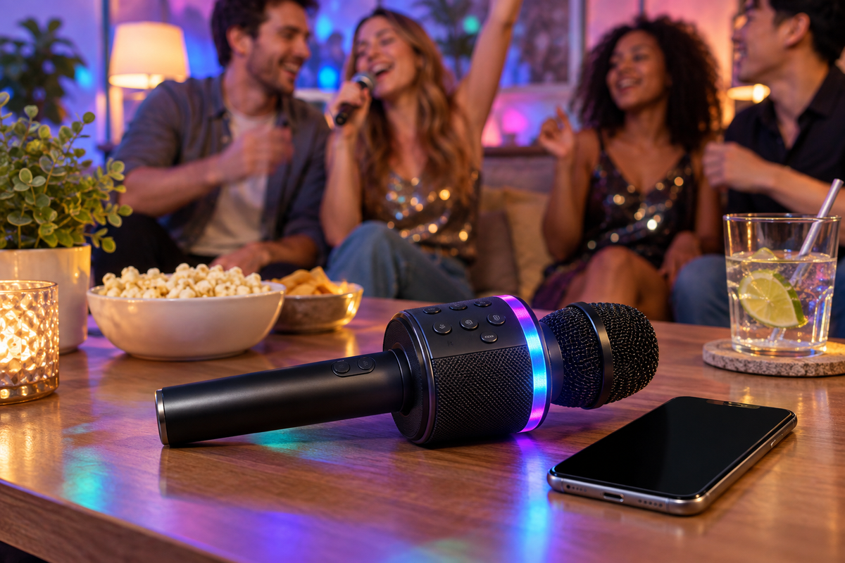 wireless bluetooth karaoke microphone shown in a clean practical setting for comparison