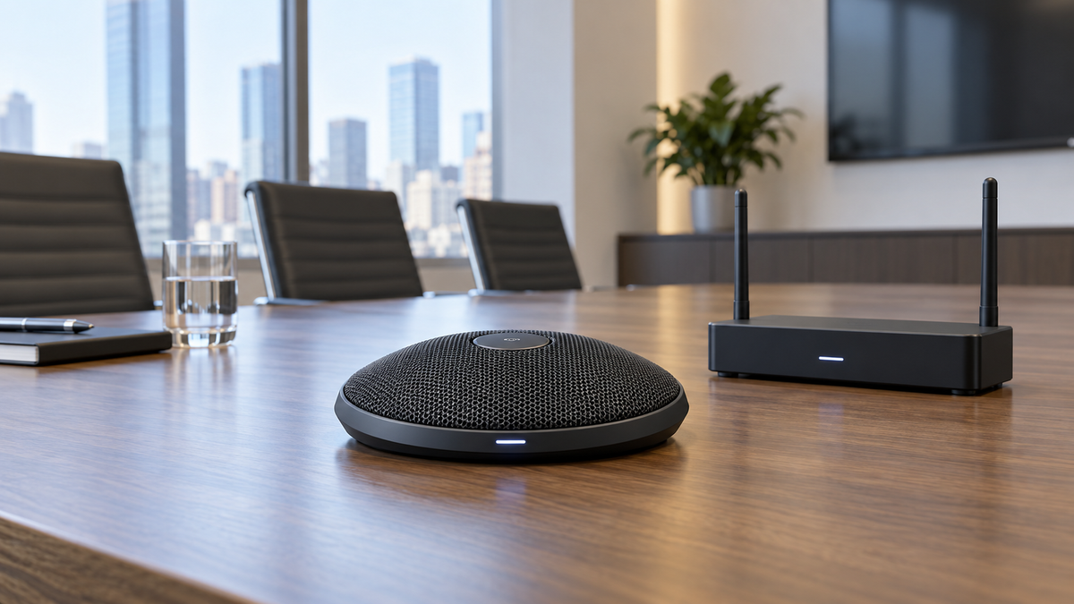 Unbranded wireless boundary microphone positioned at the center of a conference table