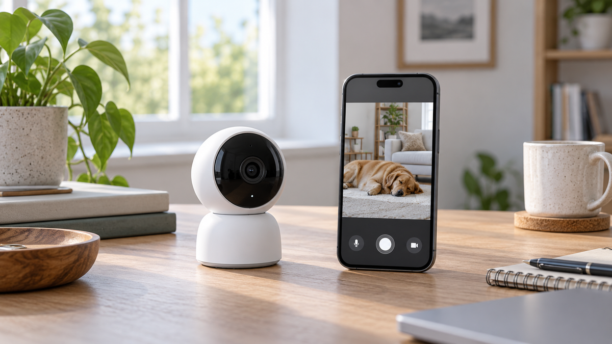 Unbranded wireless camera beside a generic smartphone displaying a live preview interface