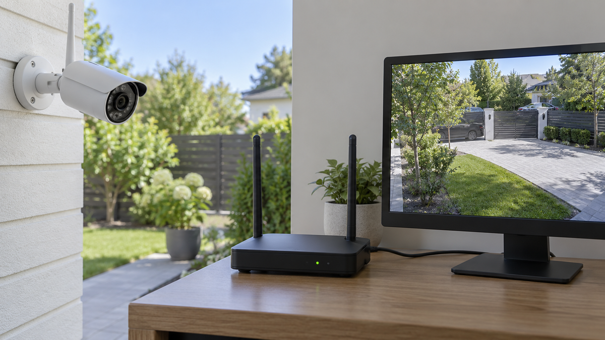 Unbranded wireless camera receiver with antennas connected to a monitor and visible camera feed