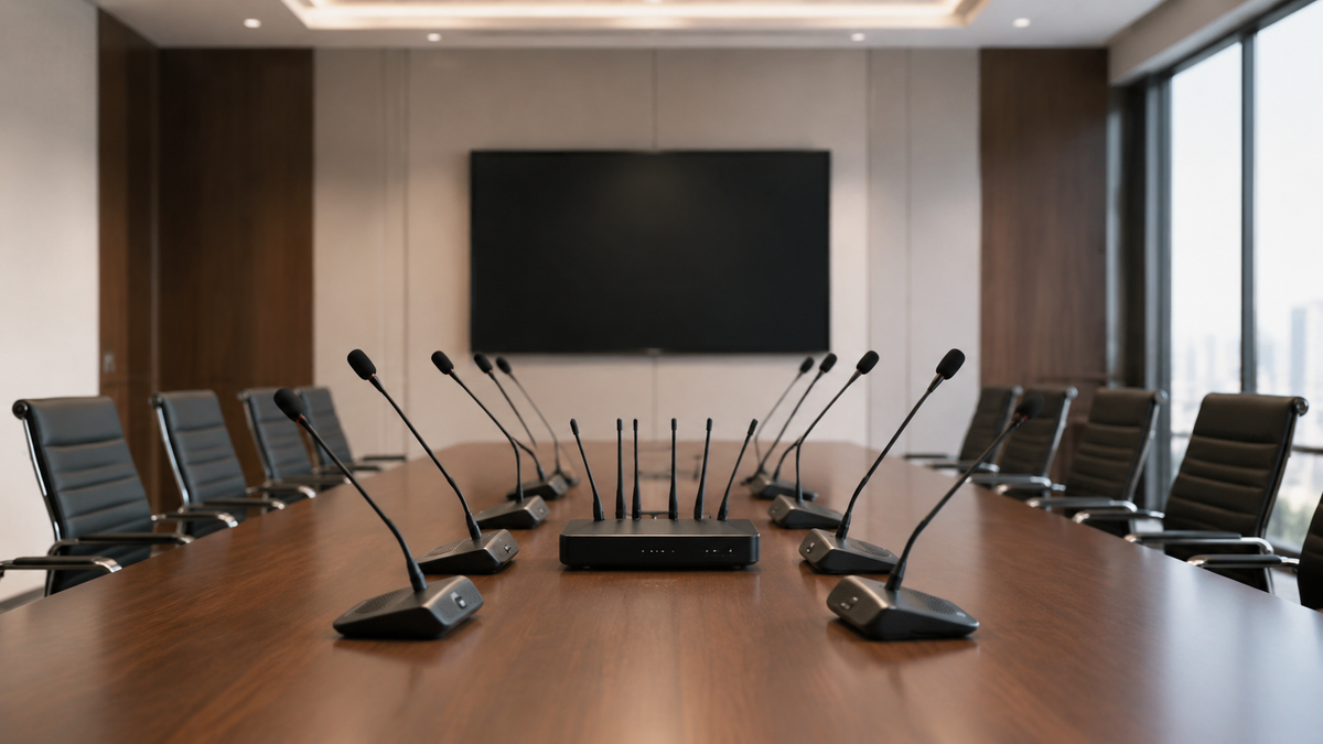 Unbranded wireless conference microphone on a meeting table