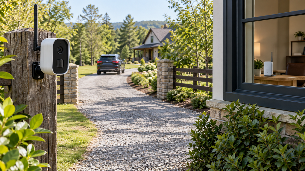 Wireless driveway alarm camera monitoring a long residential entrance