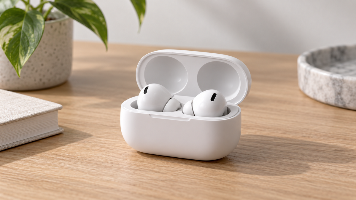 Unbranded wireless earbuds resting inside an open compact charging box