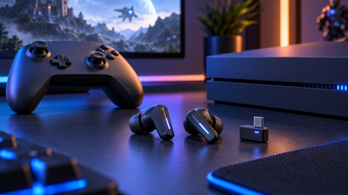 Wireless gaming earbuds with USB dongle and unbranded controller