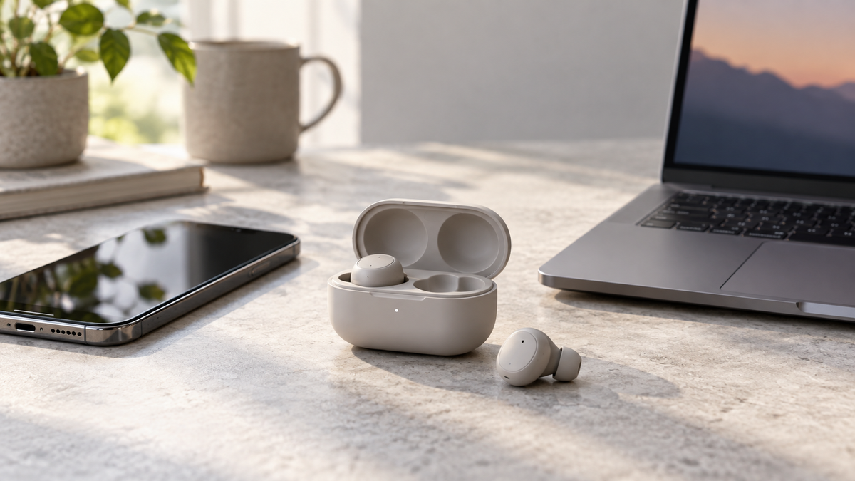 Wireless earbuds shown with two nearby devices for multipoint use