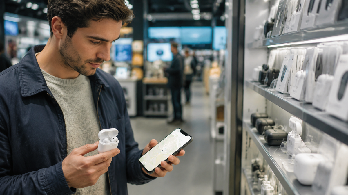 Unbranded wireless earbuds beside a phone with a local map interface