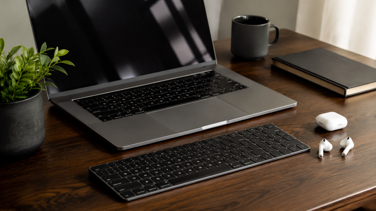 Generic wireless earbuds beside an unbranded laptop and keyboard