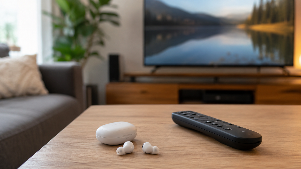 Generic wireless earbuds beside a television remote in a modern living room
