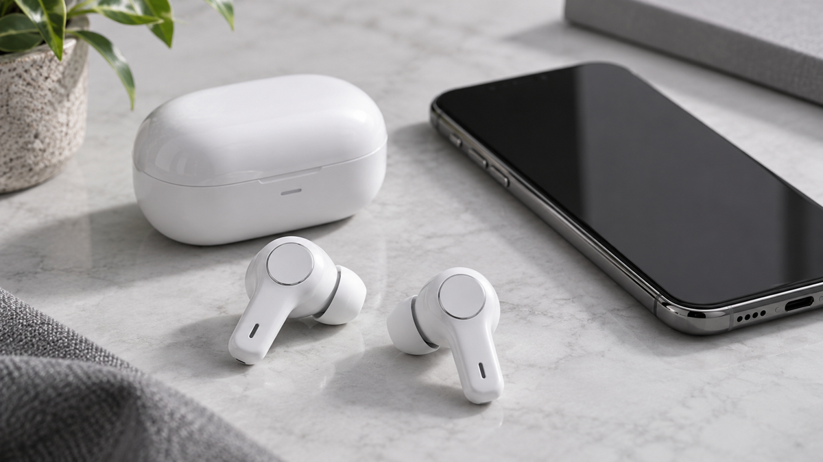 Unbranded wireless earbuds with visible touch controls beside a generic smartphone