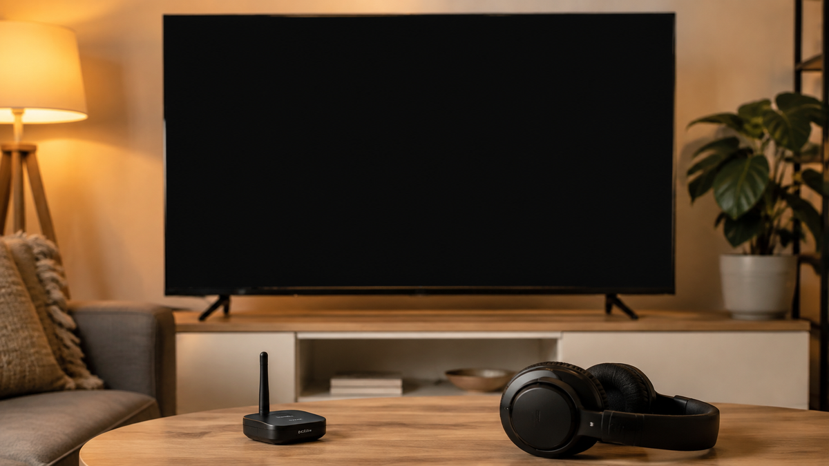 Wireless earphones and transmitter in front of a television