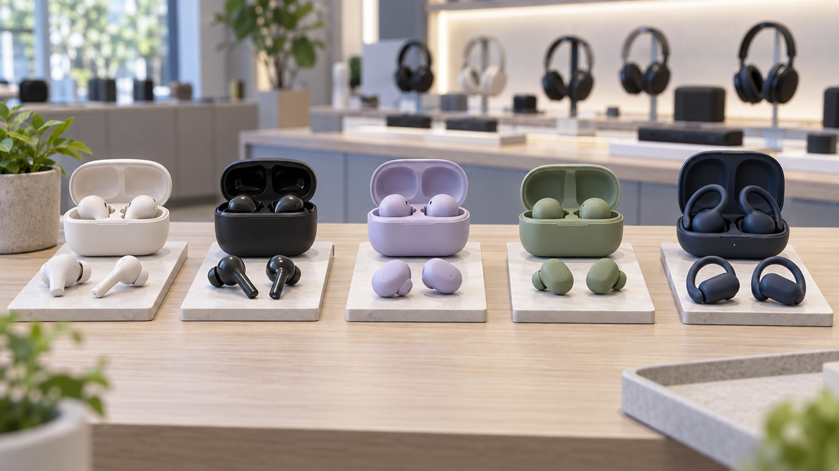 Unbranded wireless earphones being compared at a generic local electronics counter