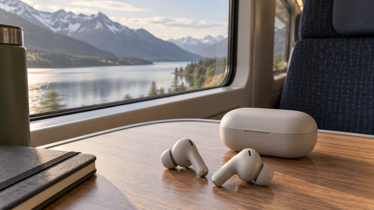 Noise-cancelling wireless earphones arranged on a clean desk