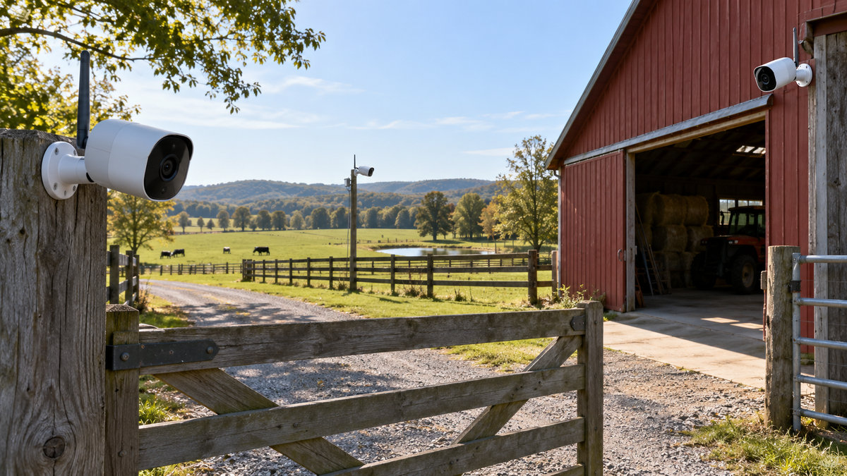 Unbranded wireless security camera overlooking a farm gate and agricultural buildings