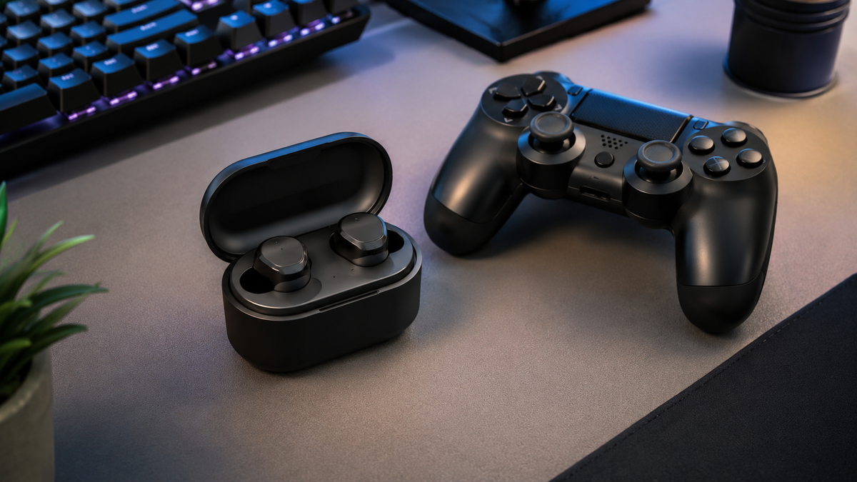 Unbranded wireless gaming earbuds beside a game controller