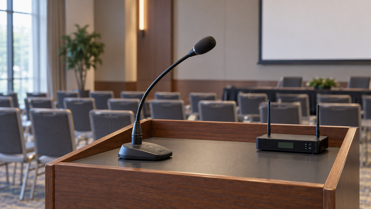 Wireless gooseneck microphone and receiver on a conference lectern