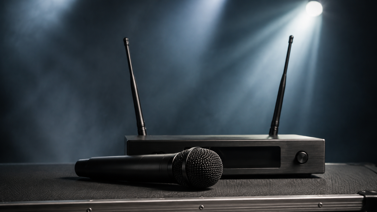 Generic wireless handheld microphone and receiver on a stage
