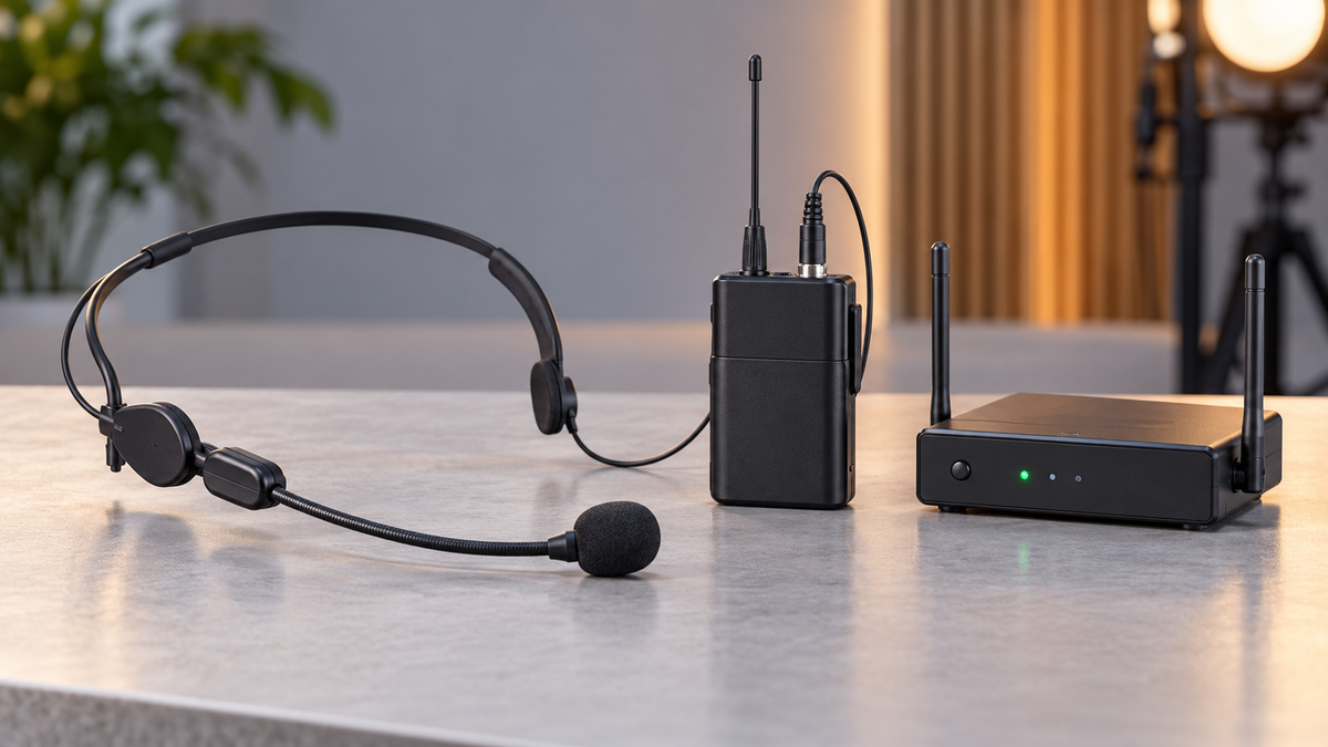 Unbranded wireless headband microphone with bodypack transmitter and compact receiver on a studio table