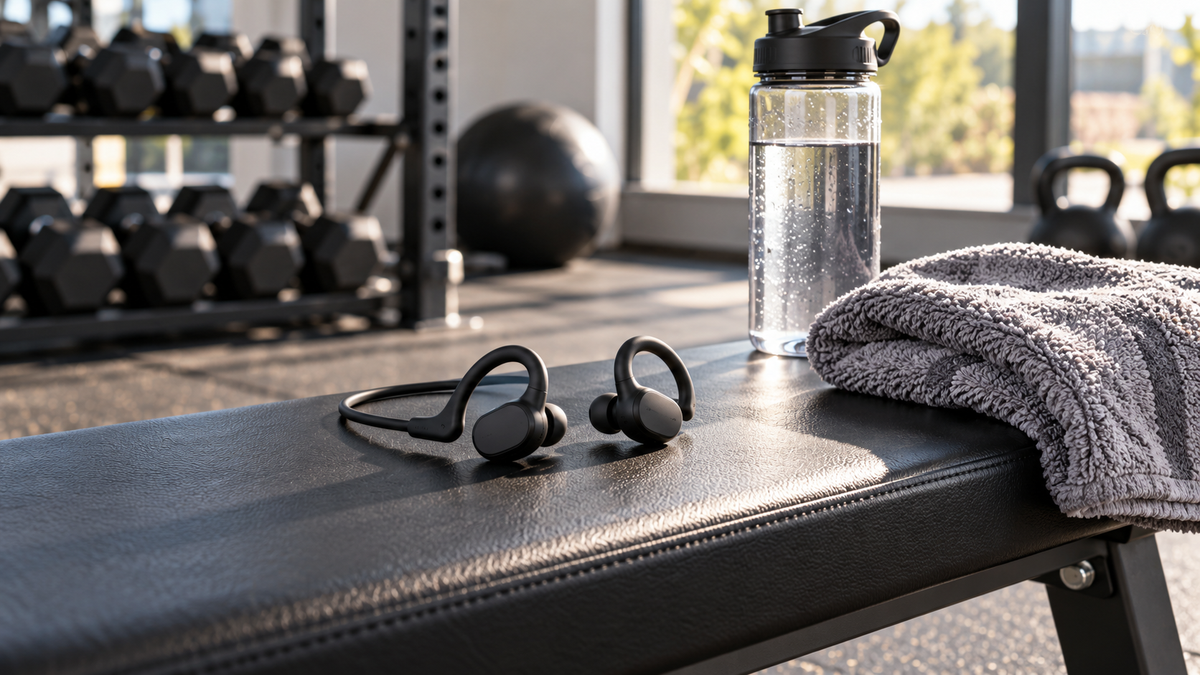 Wireless sport headphones on a gym bench beside a towel and water bottle