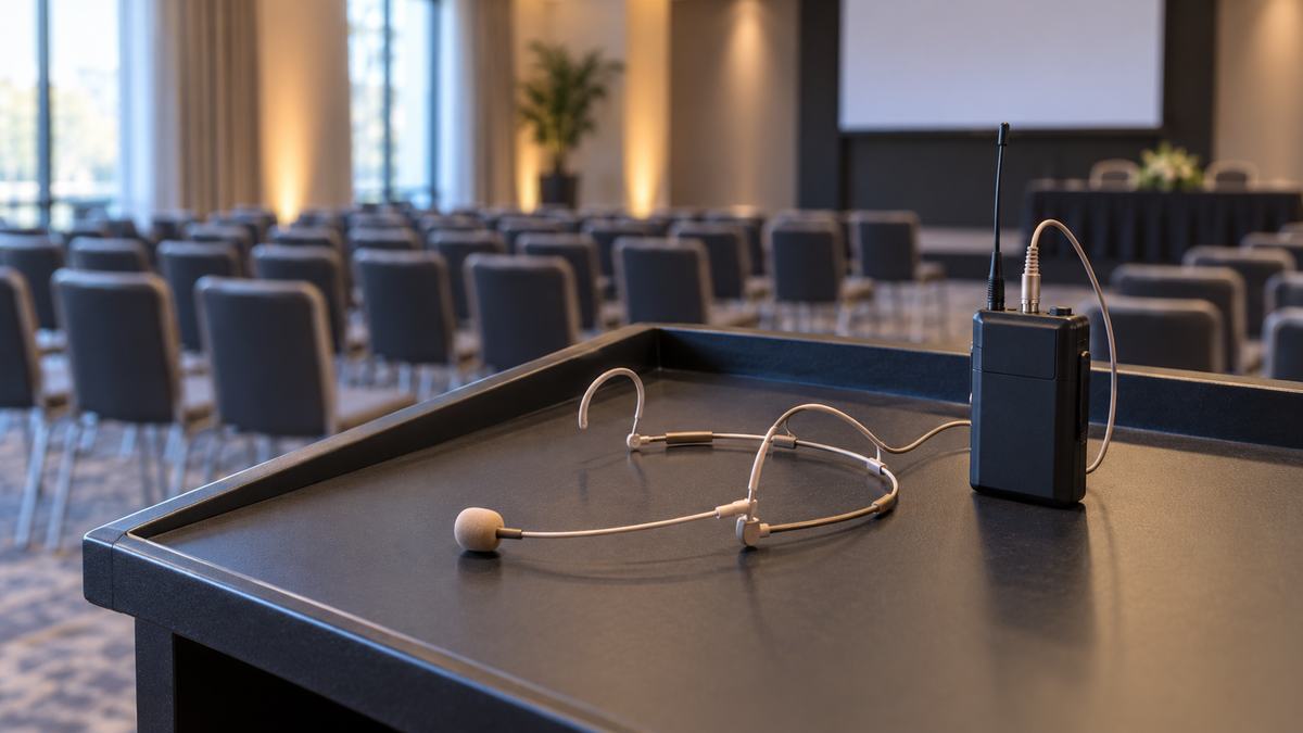 Wireless headset microphone and bodypack prepared on a conference lectern