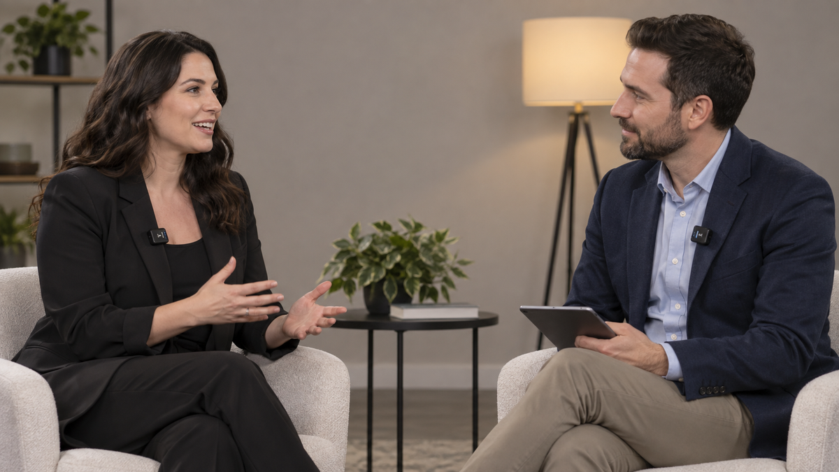 Two people conducting a consensual interview with an unbranded wireless microphone kit