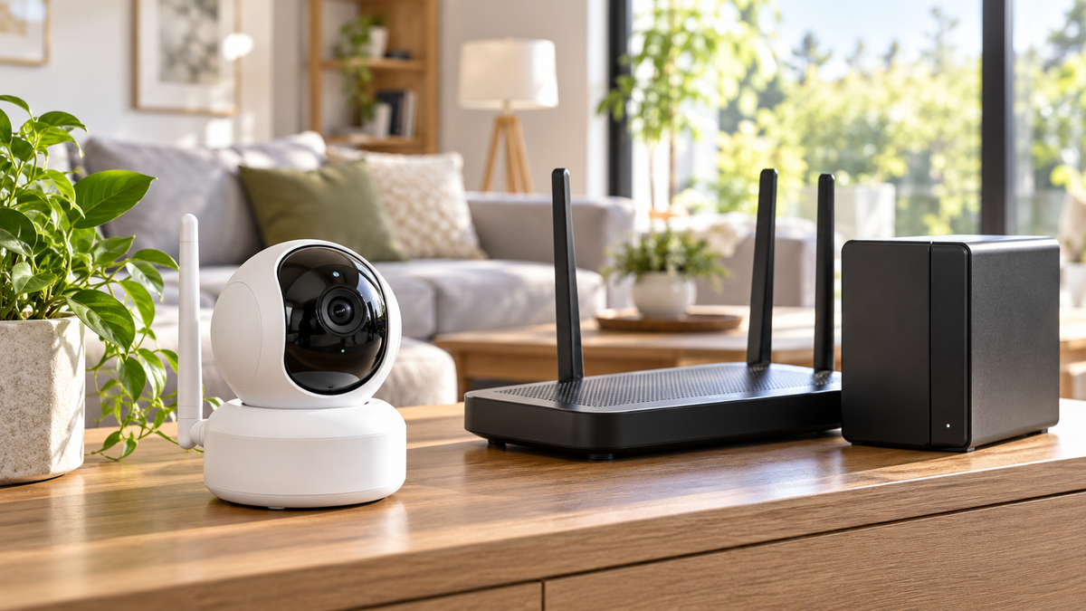 Unbranded visible wireless IP camera beside a router and storage device in a lawful home security setup
